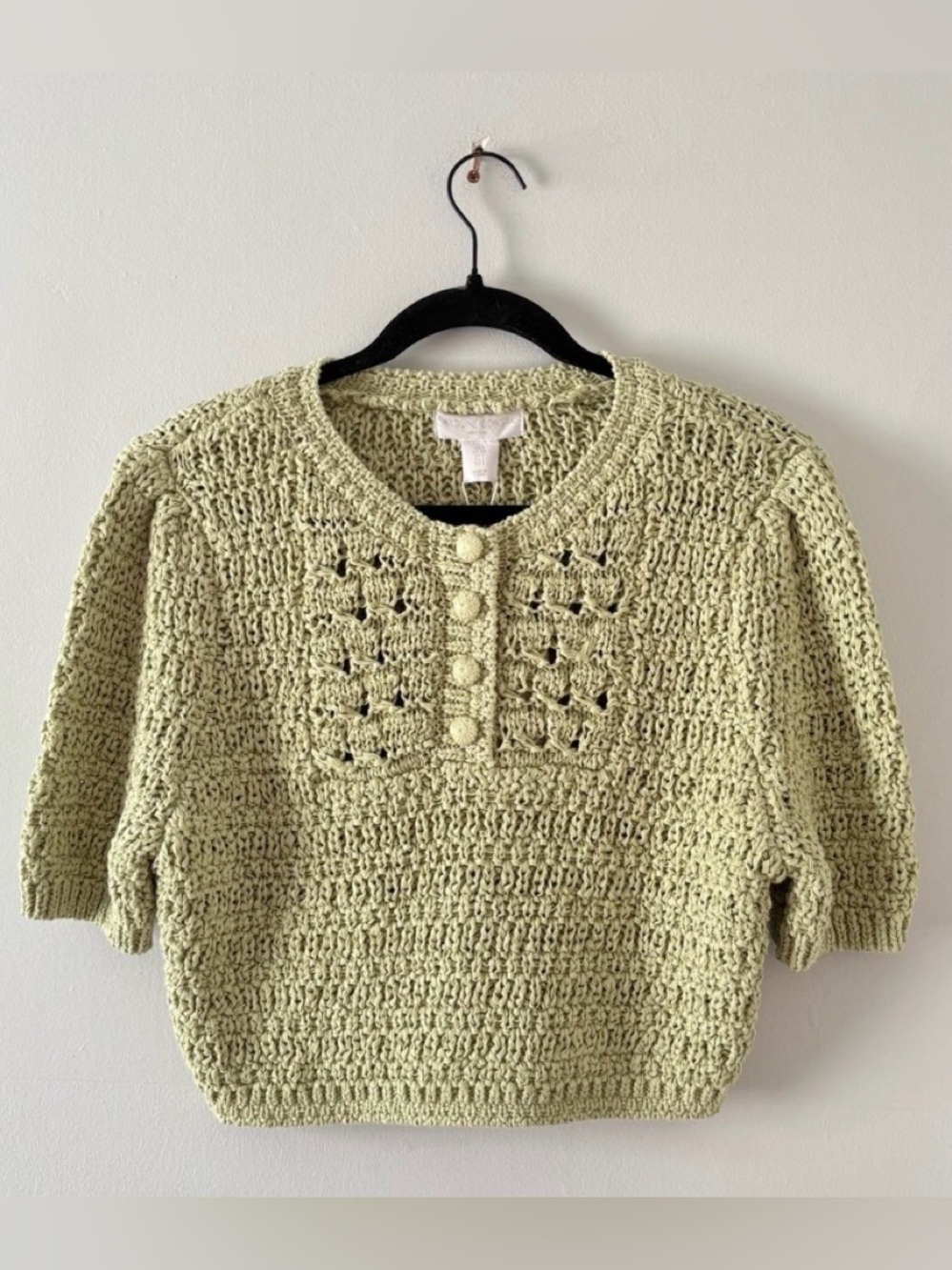 Caroline Constas Light Green Cropped Button Chunky Knit Sweater Size Small NWT